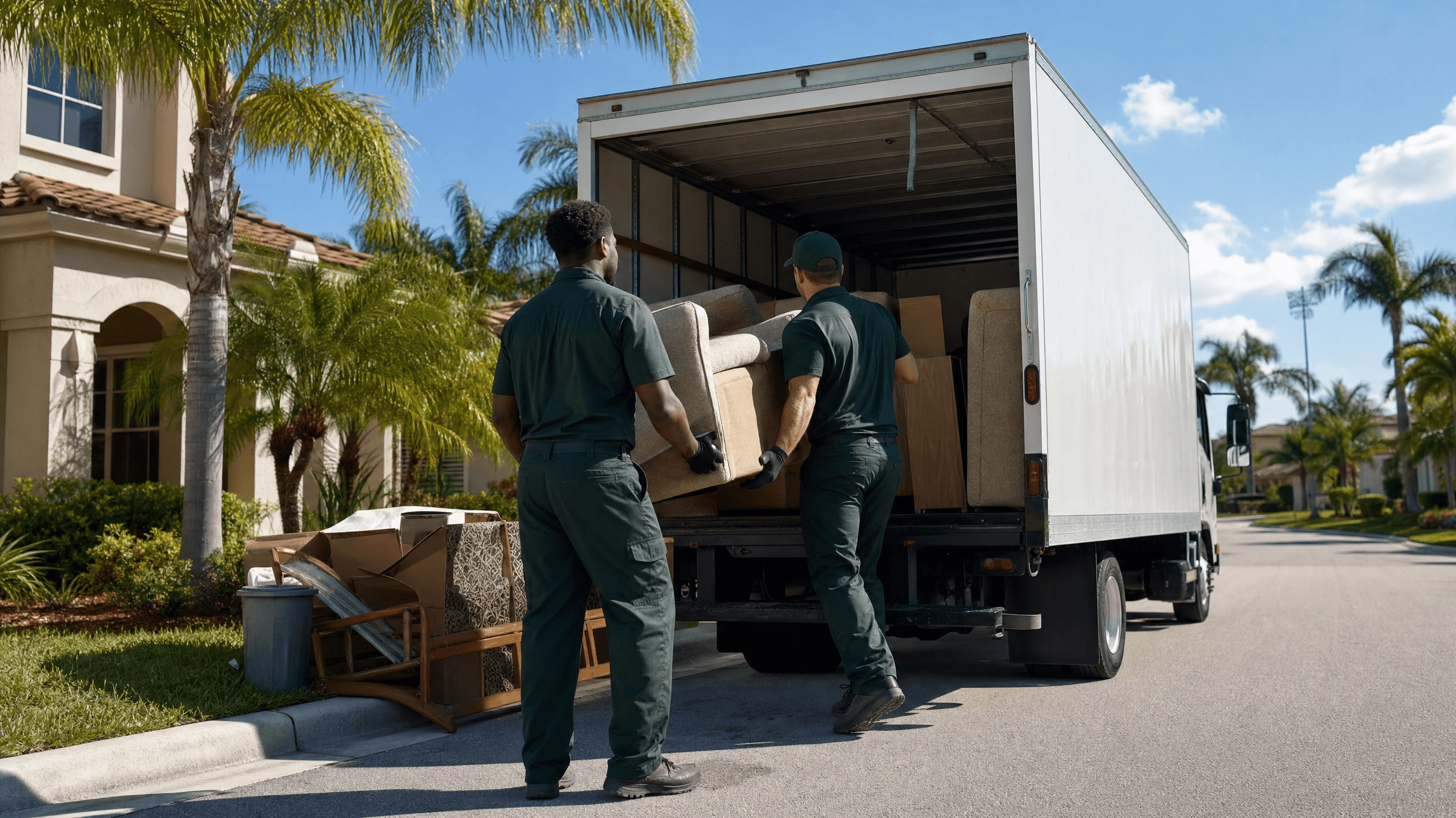 Junk removal crew loading a truck in Miami